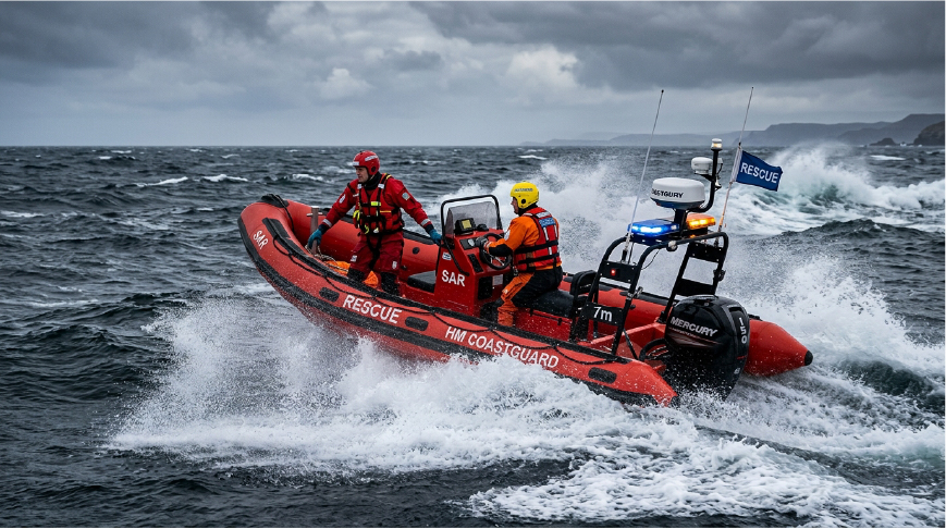 Rescue team on inflatable boat