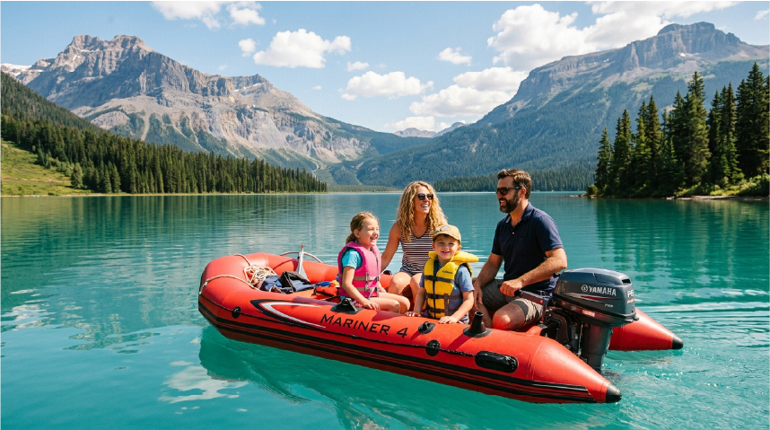 People on boat in scenic lake