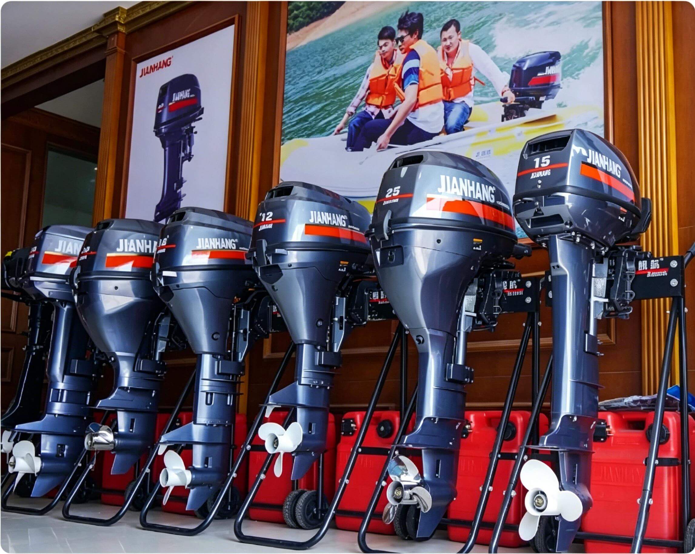 Factory interior showing outboard motors on production line